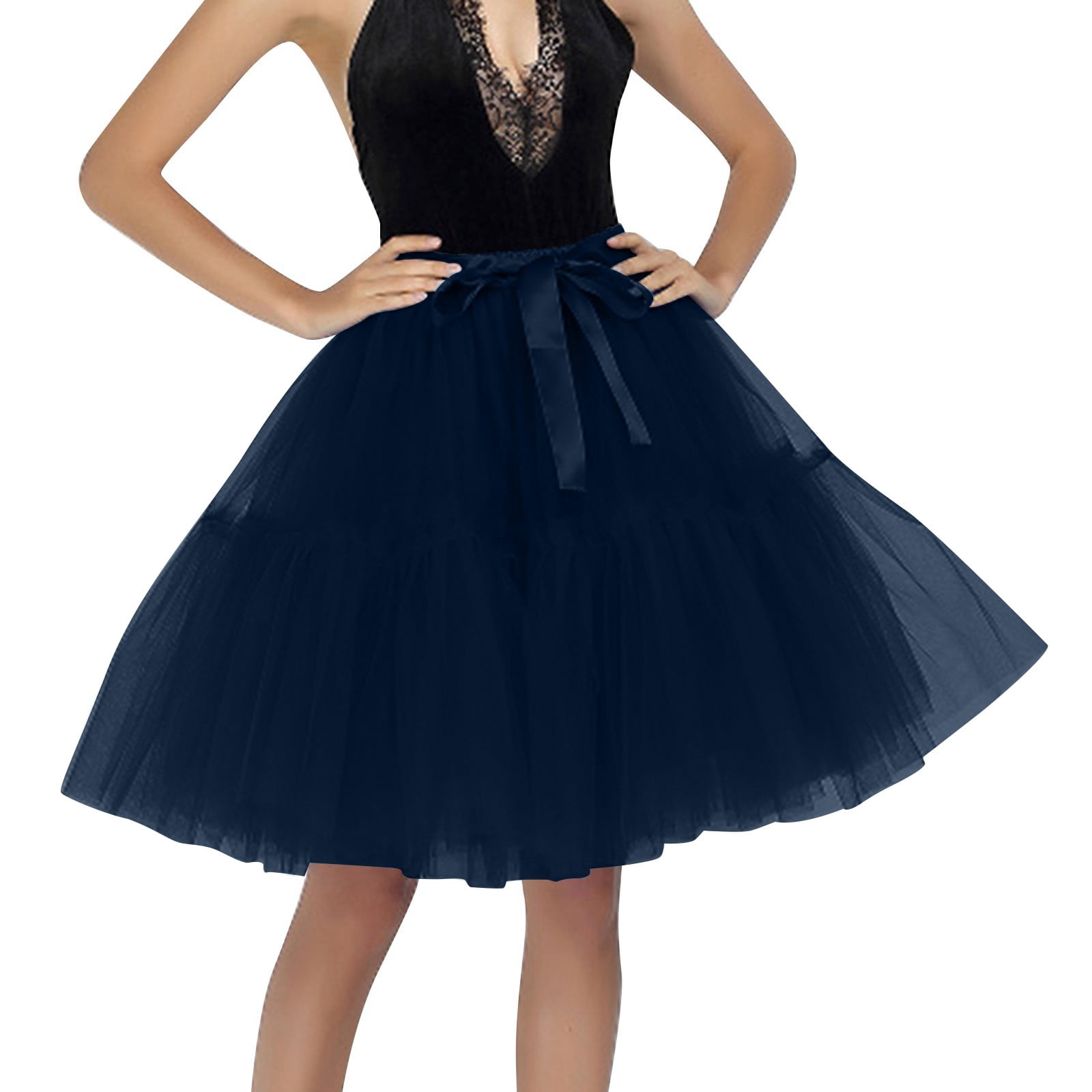 SXSHUN Midi-meisjesrok van tule, elastische zomerrok, lange plooirok, ballet, prinses, A-lijn, petticoat, zwart, 134-140