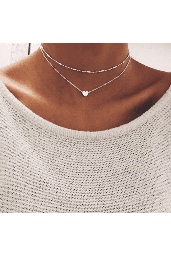 Women Two-Layer Heart Necklace Adjustable Chain Alloy Metal Love Multi-Layer Silver Pendant Gift