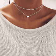Women Two-Layer Heart Necklace Adjustable Chain Alloy Metal Love Multi-Layer Silver Pendant Gift