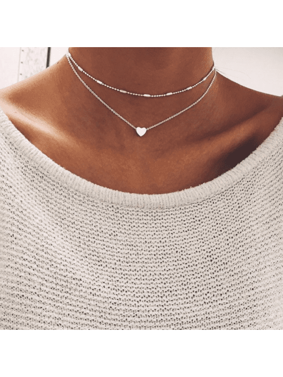 Women Two-Layer Heart Necklace Adjustable Chain Alloy Metal Love Multi-Layer Silver Pendant Gift