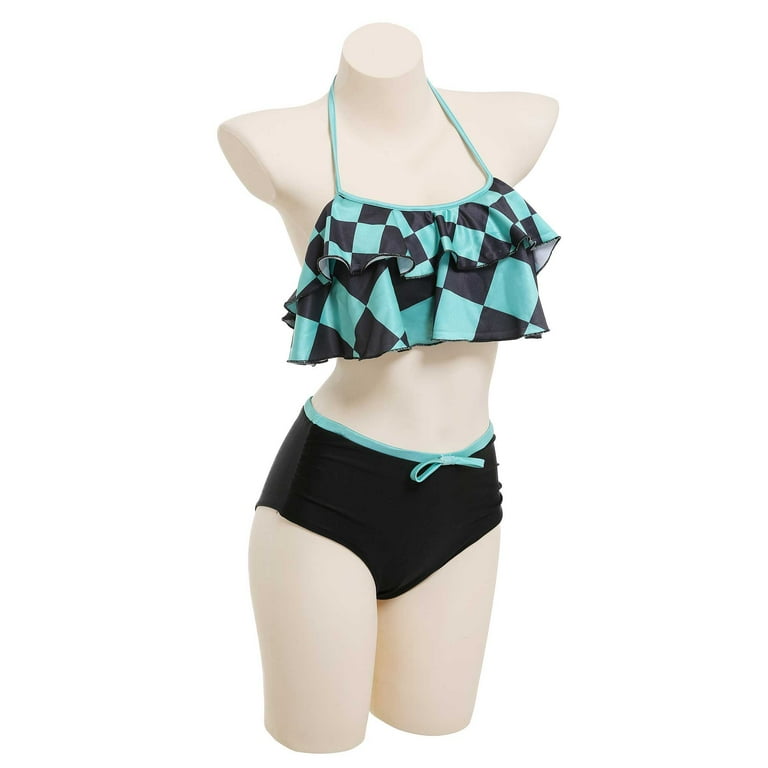 Women Two Piece Anime Swimsuit Set Halter Lace Up Bathing Suit Green Black  Plaid Swimwear Ruffle Bikini Set 