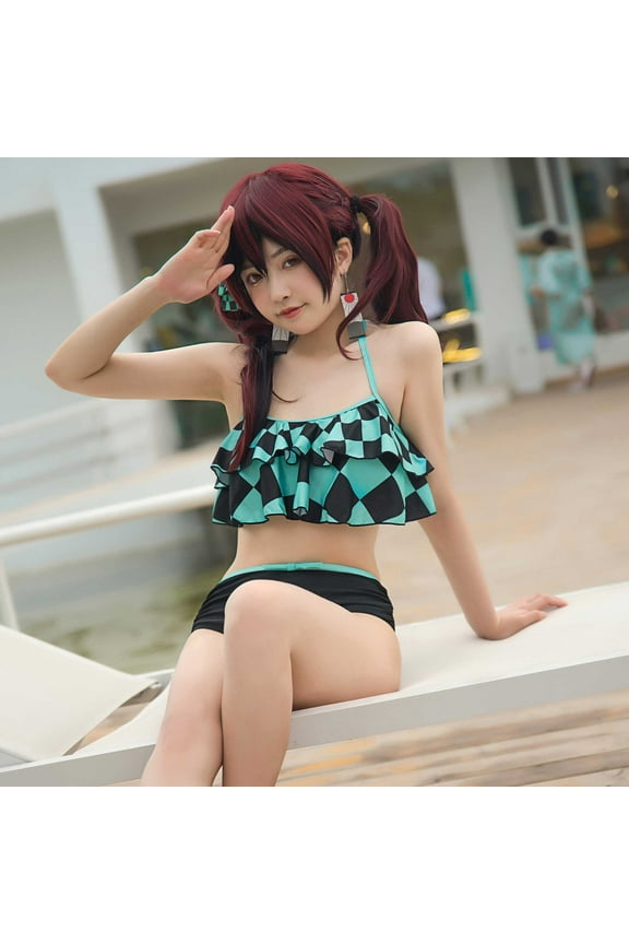 U Women Two Piece Anime Swimsuit Set Halter Lace Up Bathing Suit Green Black Plaid Swimwear Ruffle Bikini Set, L