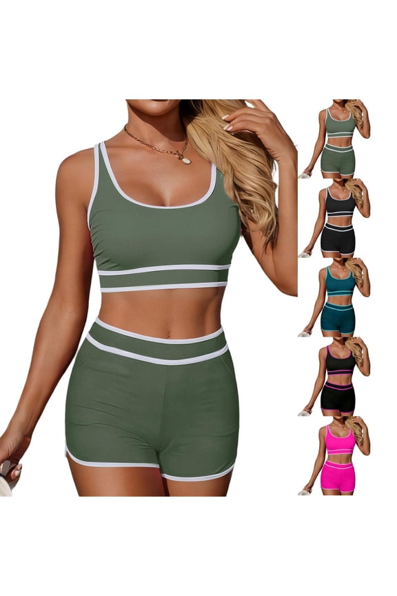 Women Two Piece Athletic Swimsuits Sporty Bikini Sets Color Block Sporty Crop Top with Boy Shorts Bathing Suits Black S
