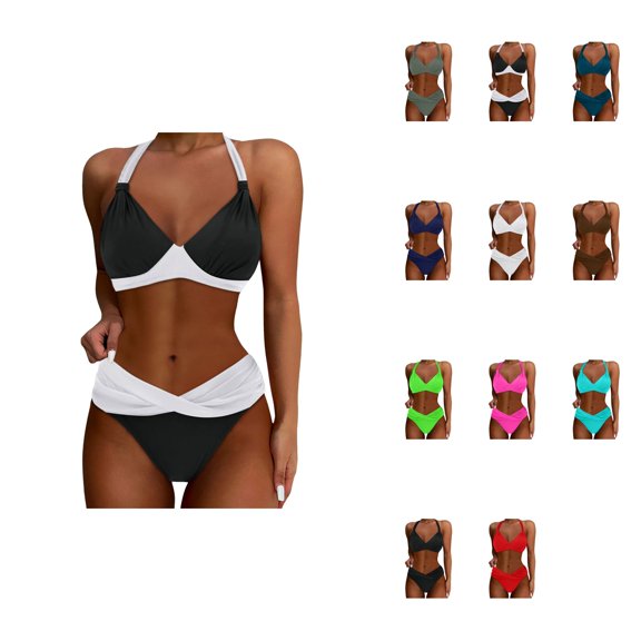 Women Two Piece Bathing Suits, Push Up Bikini Set, Drawstring Tummy Control, Color Block, Full Coverage, Vintage Swimwear