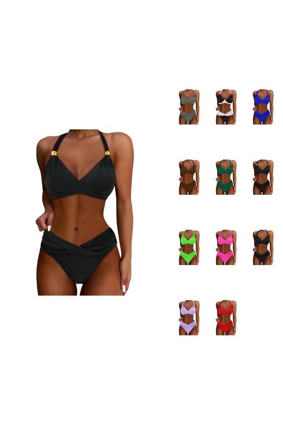 Women Two Piece Bathing Suits Push Up Bikini Set, Halter Swimsuit Vintage Beach Swimwear
