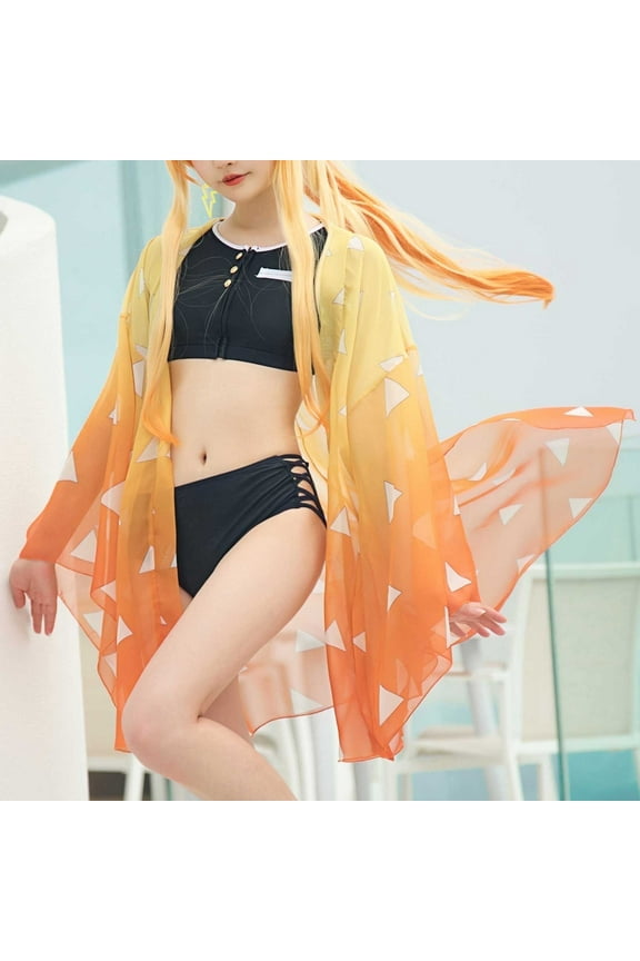 Women Two Piece Beach Swimsuit Anime Bathing Suit Lace Up Swimwear Set with Orange Sheer Kimono Haori Cover up, XL