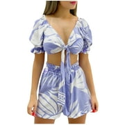 Women Two Piece Beachwear Printed Sexy Summer Casual Outfits Short Sleeve V-Neck Tops Shorts Sets