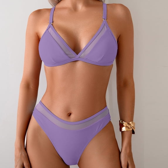 Women Two Piece Bikini Set Spaghetti Straps Deep V Halter Cheeky Bottoms Bathing Suit Mesh Patchwork Slimming Swimwear (XL, Purple)