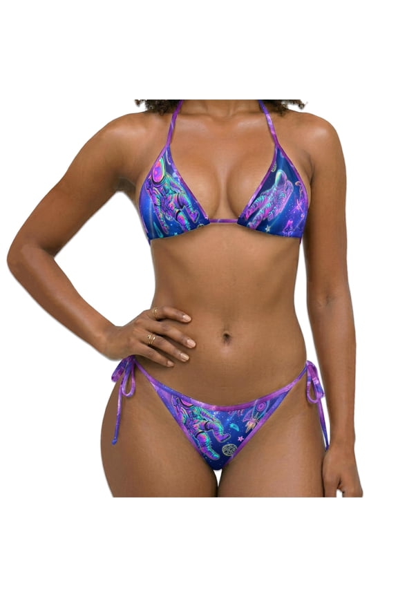 Women Two Piece Bikini Swimsuit, Astronaut Space Print Halter Triangle Sets with Removable Padding, Tie Side Bottom