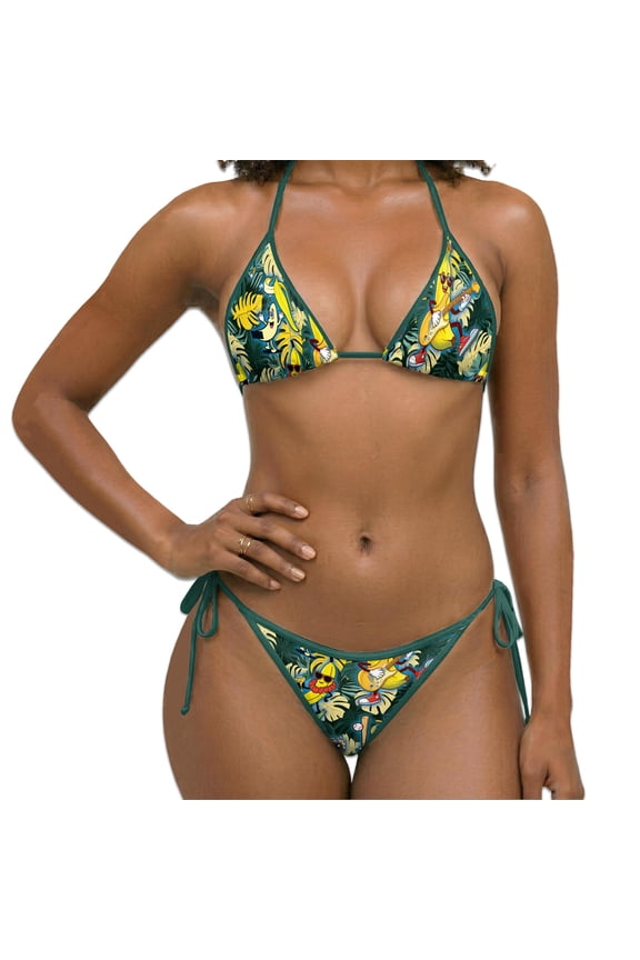 Women Two Piece Bikini Swimsuit, Banana Playing Guitar Print Halter Triangle Sets with Removable Padding, Tie Side Bottom