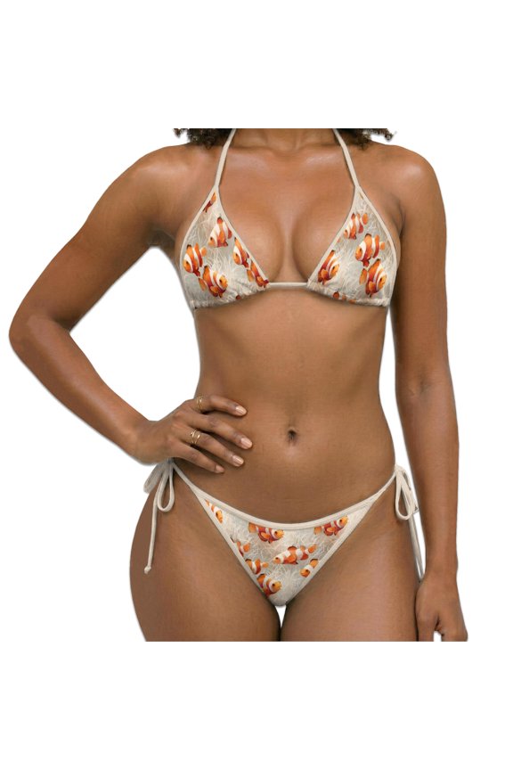 Women Two Piece Bikini Swimsuit, Clownfish Print Halter Triangle Sets with Removable Padding, Tie Side Bottom