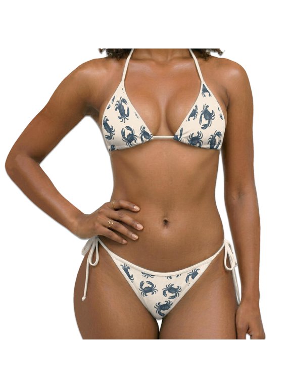 Women Two Piece Bikini Swimsuit, Crab Pattern Print Halter Triangle Sets with Removable Padding, Tie Side Bottom