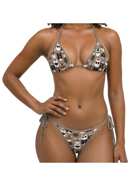 Women Two Piece Bikini Swimsuit, Cute Cat Pattern Print Halter Triangle Sets with Removable Padding, Tie Side Bottom