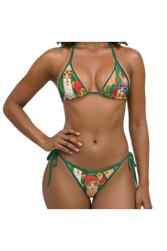 Women Two Piece Bikini Swimsuit, Funny Llama Print Halter Triangle Sets with Removable Padding, Tie Side Bottom