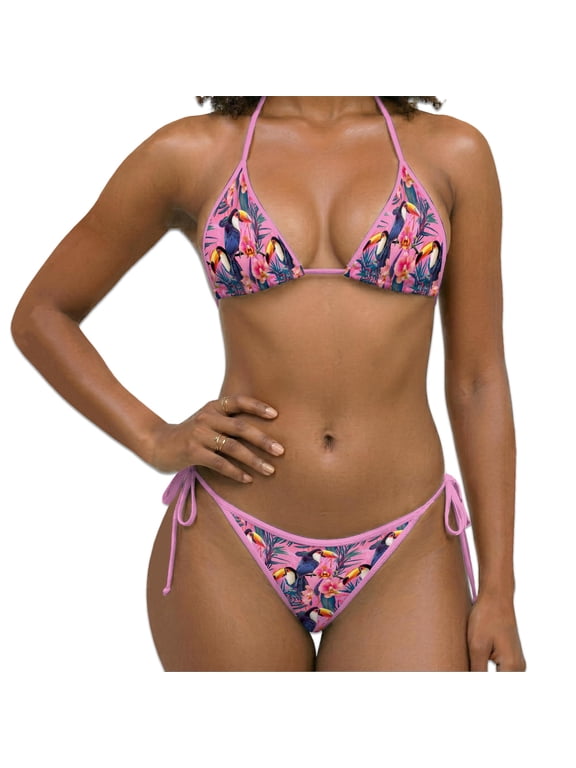 Women Two Piece Bikini Swimsuit, Funny Toucan Print Halter Triangle Sets with Removable Padding, Tie Side Bottom
