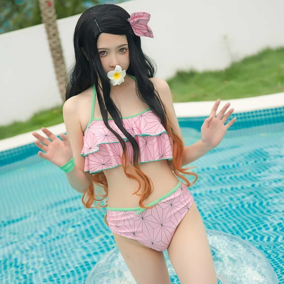 Women Two Piece Bikini Swimsuit Halter Neck Pink Anime Swimwear Ruffle Splitted Bathing Suit