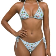 Women Two Piece Bikini Swimsuit, Kawaii Japanese Sushi Pattern Print Halter Triangle Sets with Removable Padding, Tie Side Bottom