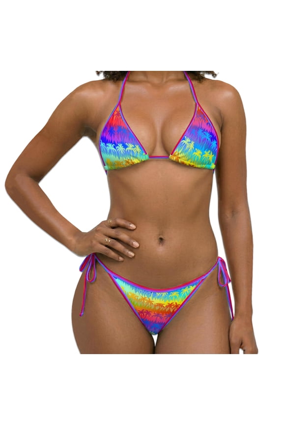 Women Two Piece Bikini Swimsuit, LGBT Print Halter Triangle Sets with Removable Padding, Tie Side Bottom