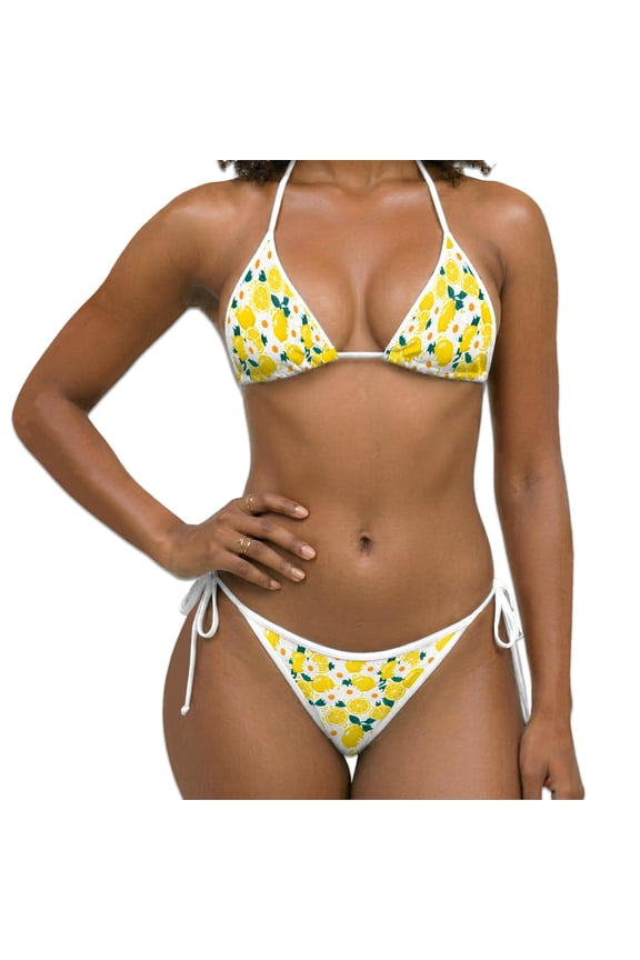 Women Two Piece Bikini Swimsuit, Lemon Daisy Print Halter Triangle Sets with Removable Padding, Tie Side Bottom