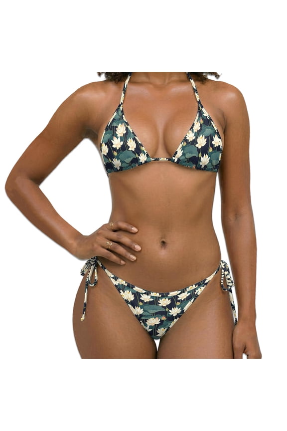 Women Two Piece Bikini Swimsuit, Lotus Pattern Print Halter Triangle Sets with Removable Padding, Tie Side Bottom