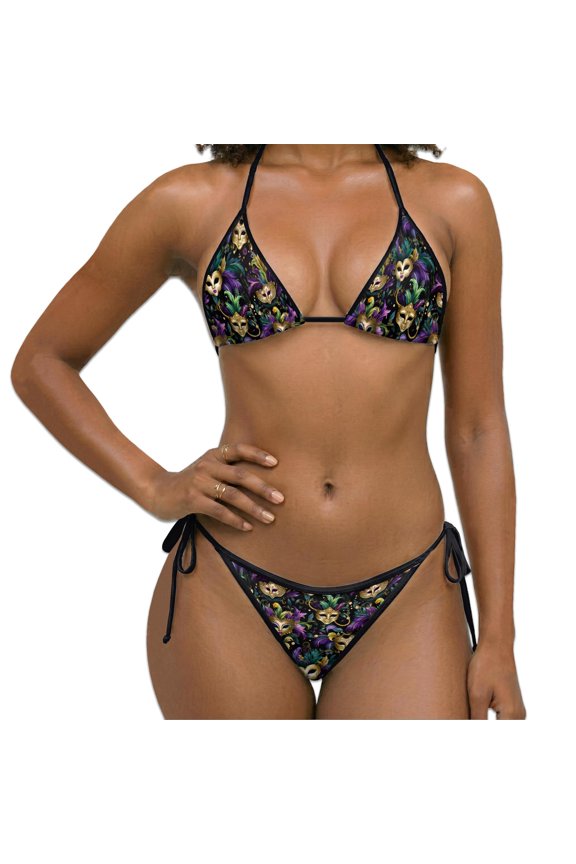Women Two Piece Bikini Swimsuit, Mardi Gras Carnival Mask Print Halter Triangle Sets with Removable Padding, Tie Side Bottom