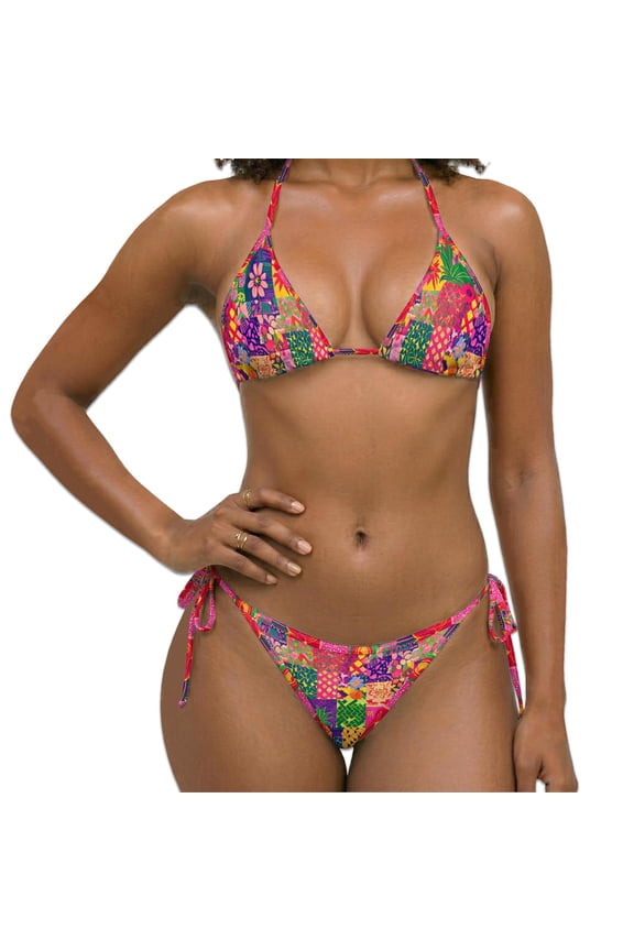 Women Two Piece Bikini Swimsuit, Pineapple Print Halter Triangle Sets with Removable Padding, Tie Side Bottom