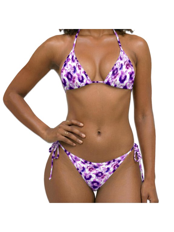 Women Two Piece Bikini Swimsuit, Purple Orchid Flower Pattern Guitar Print Halter Triangle Sets with Removable Padding, Tie Side Bottom