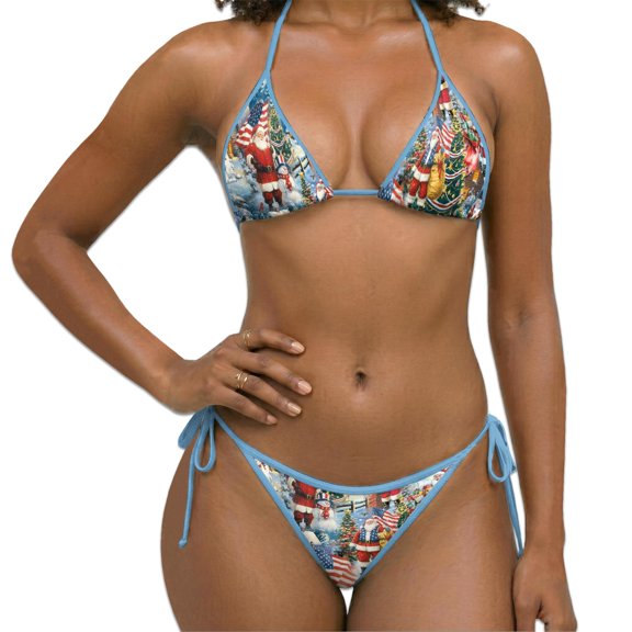 Women Two Piece Bikini Swimsuit, Santa Claus Christmas Print Halter Triangle Sets with Removable Padding, Tie Side Bottom