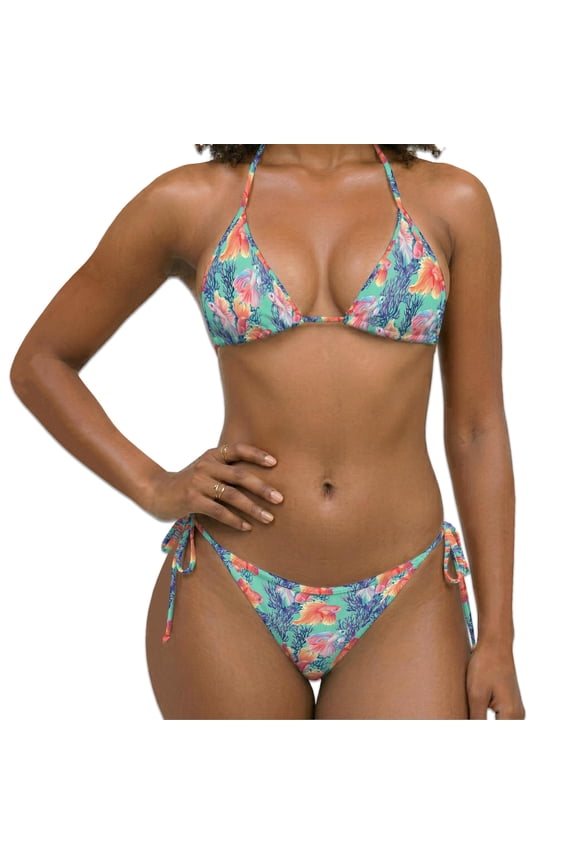Women Two Piece Bikini Swimsuit, Tropical Fish Print Halter Triangle Sets with Removable Padding, Tie Side Bottom