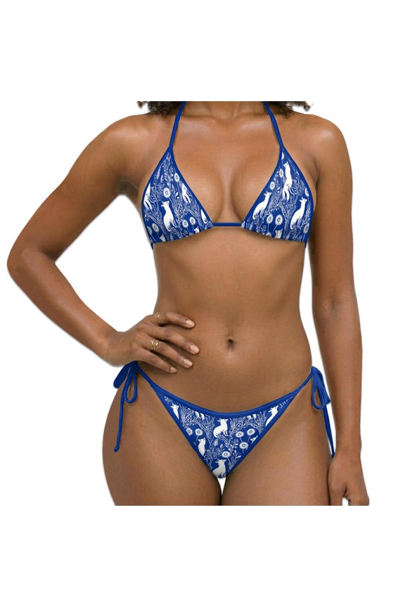 Women Two Piece Bikini Swimsuit, Vintage Fox Print Halter Triangle Sets with Removable Padding, Tie Side Bottom