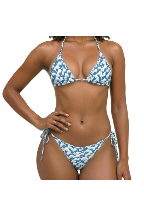 Women Two Piece Bikini Swimsuit, Wave Japan Style Print Halter Triangle Sets with Removable Padding, Tie Side Bottom