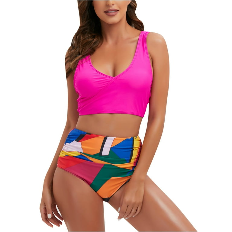 Women Two Piece Color Block Bikini Crop Top Swimsuit Sporty High Waisted Bathing Suit with Bottoms Ruched Tummy Control Swimwear Beachwear