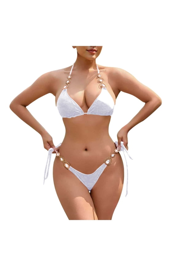 Women Two Piece Diamond Triangle Bikini Sets 2026 String Bathing Suit Halter Top with Side Tie Bikini Bottom