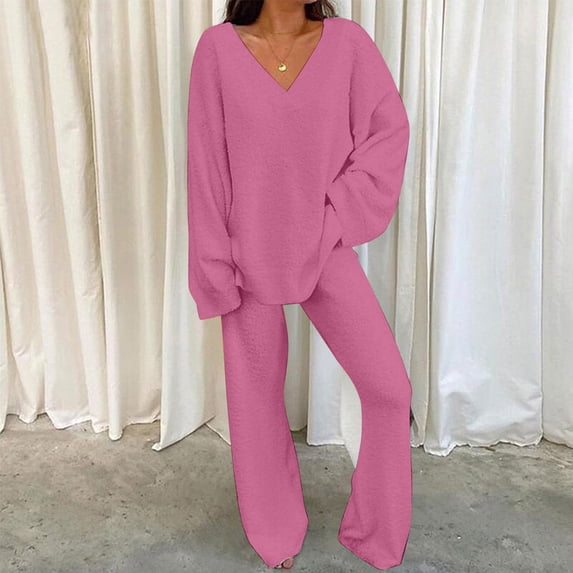 Women Two Piece Fuzzy Outfits Long Sleeve V-Neck Solid Color Pullover Tops with High Waist Pants Oversized Fleece Warm Loungewear Sets S