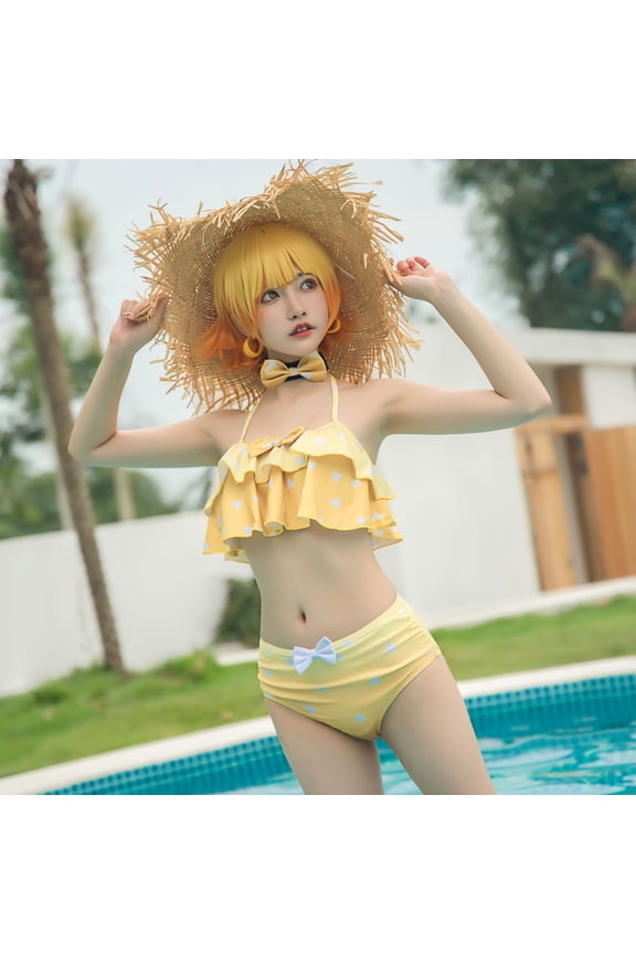 HAIKYUU Women Two Piece Anime Swimsuit Yellow Ruffled Bikini Set Beach Bathing Suit with Choker, L