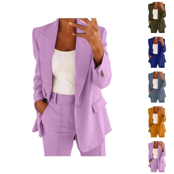 Women Two Piece Lapels Suit Set Business Long Sleeve Button Formal Jacket Pant Suit Slim LooseTrouser Jacket Suit Casual Capris
