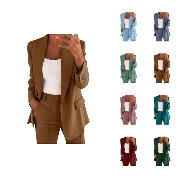 Women Two Piece Lapels Suit Set Business Long Sleeve Button Formal Jacket Pant Suit Slim LooseTrouser Jacket Suit Linen Capri Pants Women Summer