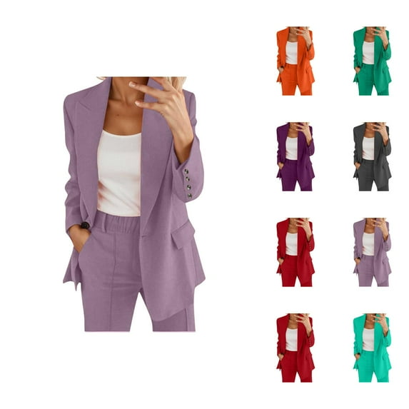 Women Two Piece Lapels Suit Set Business Long Sleeve Button Formal Jacket Pant Suit Slim LooseTrouser Jacket Suit Womens Casual Capris For Summer