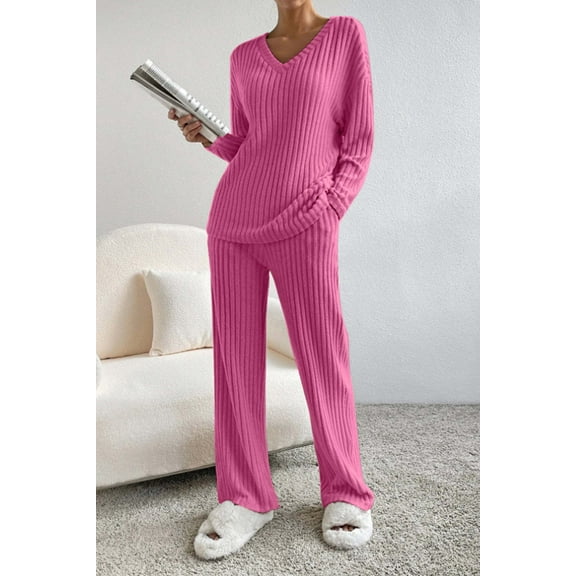 Women Two Piece Lounge Set Fall Winter Pajama Sets Long Sleeve Tracksuit Loungewear Ribbed Knit Sweater Sleepwear