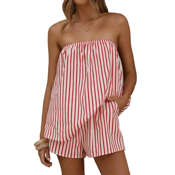 Women Two Piece Lounge Sets Striped Tube Tops Shorts Set Summer Vacation Outfits with Pocket Y2K Going Out Tops(Red,S)