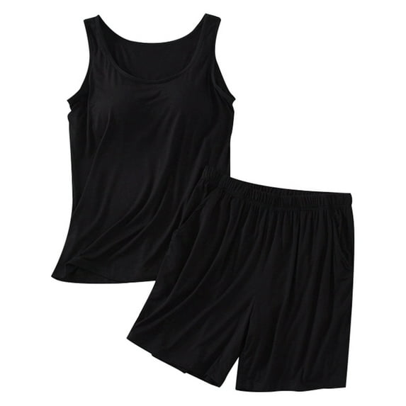 Women Two Piece Loungewear Solid Color Built In Bra Tank Top And Elastic Waist Shorts Comfortable Breathable Sleepwear Set For Everyday Wear,Black,M