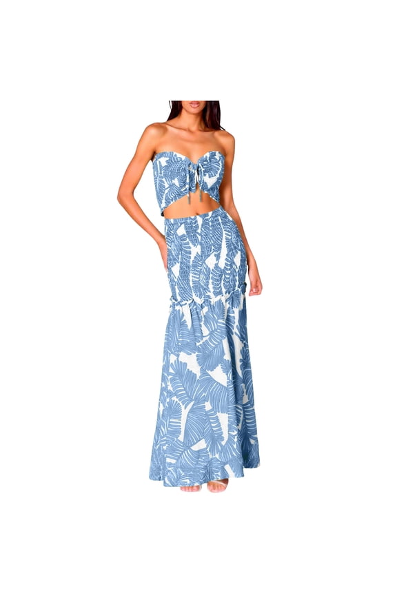 Women Two Piece Maxi Dress Set Floral Print Strapless Crop Top High Waist Skirt Summer Beach Outfit