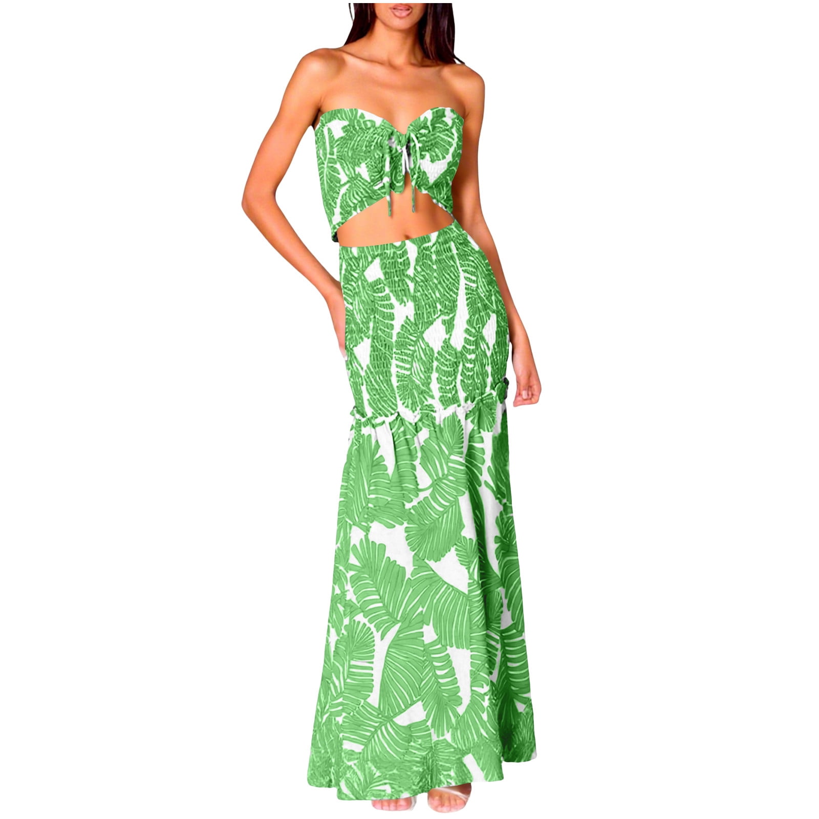 Women Two Piece Maxi Dress Set Floral Print Strapless Crop Top High Waist  Skirt Summer Beach Outfit