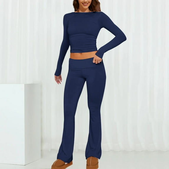 Women Two Piece Outfit Basic Long Sleeve Crop Top And Low Rise Flare Pants Set 2 Piece Yoga Tracksuit Women Dress Jackets Party Outfits for Women Wedding Pant Suits for Women Dressy Fall Business