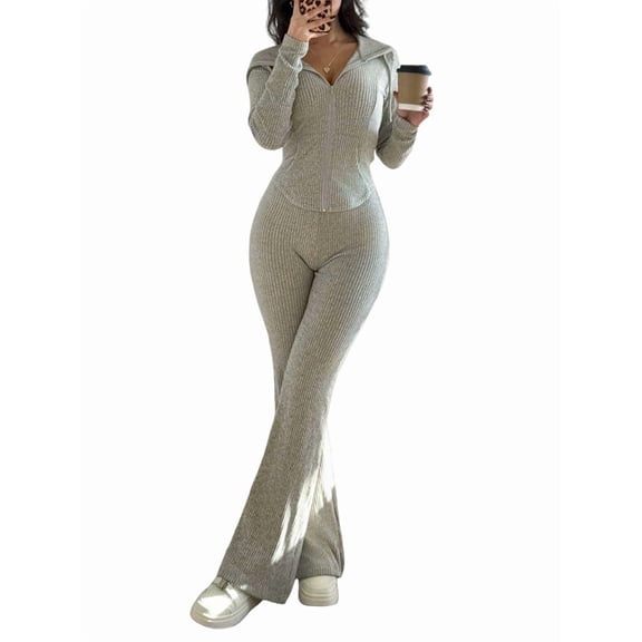 Women Two Piece Outfit Long Sleeve V Neck Top and Flare Pants Casual Lounge Sets Tracksuit Color S