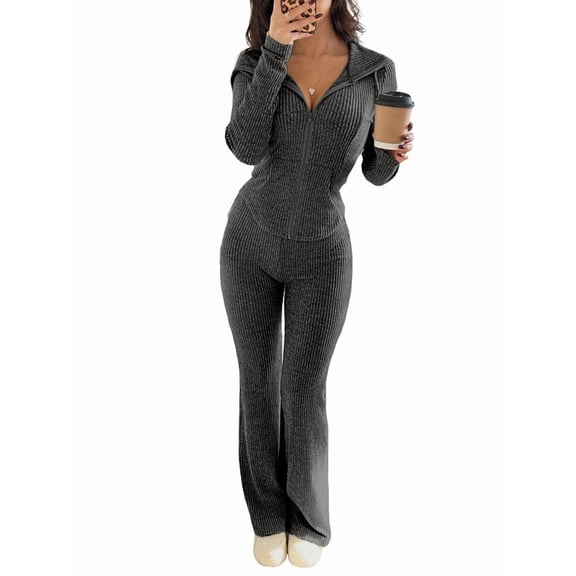 Women Two Piece Outfit Long Sleeve V Neck Top and Flare Pants Casual Lounge Sets Tracksuit Dark Gray L