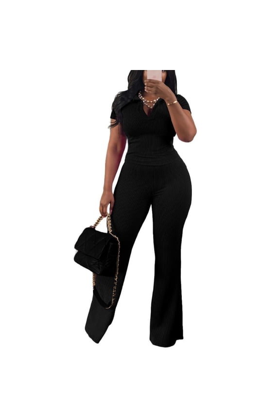 Women Two Piece Outfit Ribbed Short Sleeve V Neck Polo Top and Flare Pants Casual Lounge Sets Tracksuit Black 2XL
