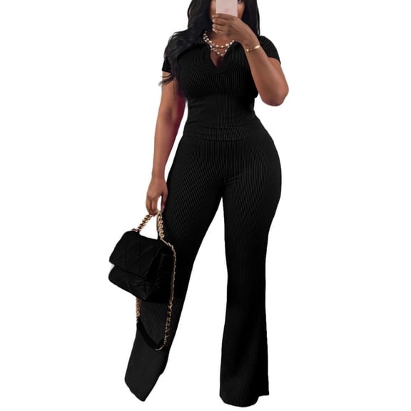 Women Two Piece Outfit Ribbed Short Sleeve V Neck Polo Top and Flare Pants Casual Lounge Sets Tracksuit Black XL
