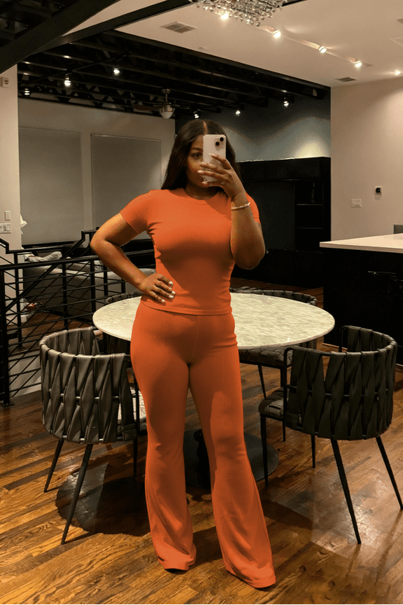 Women Two Piece Outfit Ribbed Short Sleeve V Neck Polo Top and Flare Pants Casual Lounge Sets Tracksuit Orange XL