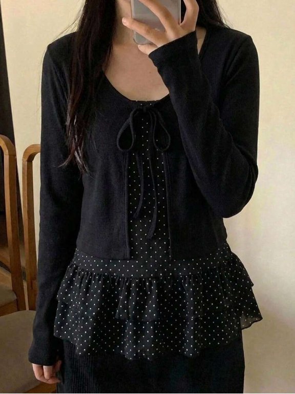 Women Two Piece Outfit Set Long Sleeve Tie Front Knit Cardigan and Polka Dot Tiered Ruffle Skirt Feminine Casual Matching Set